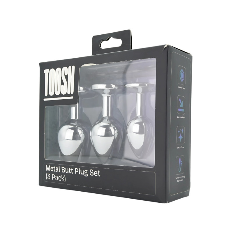 Toosh Metal Butt Plug Silver Set of 3 Clear Stone