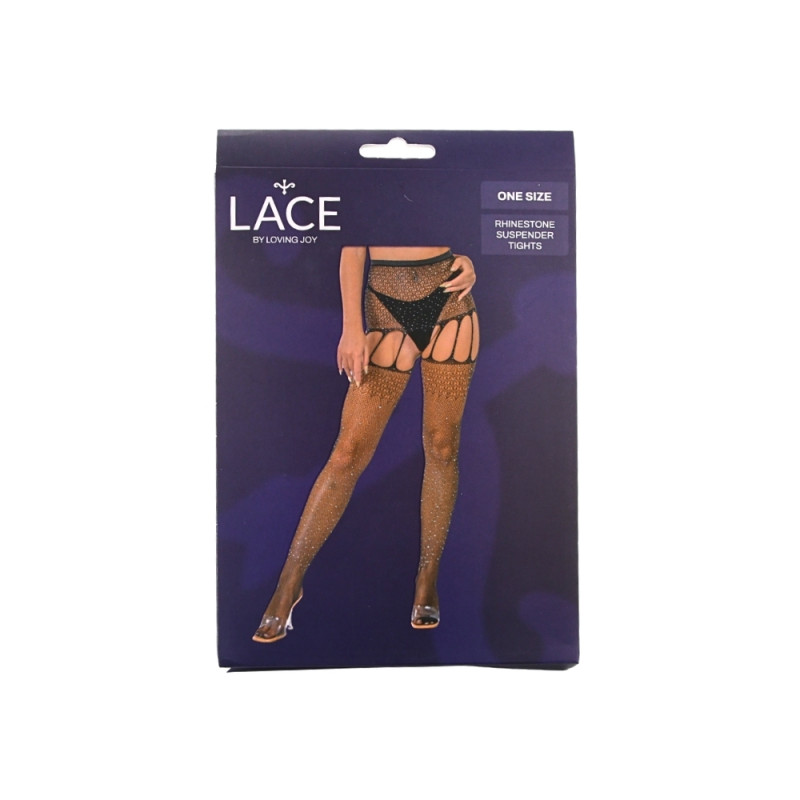 Lace by LJ Rhinestone Suspender Tights Black
